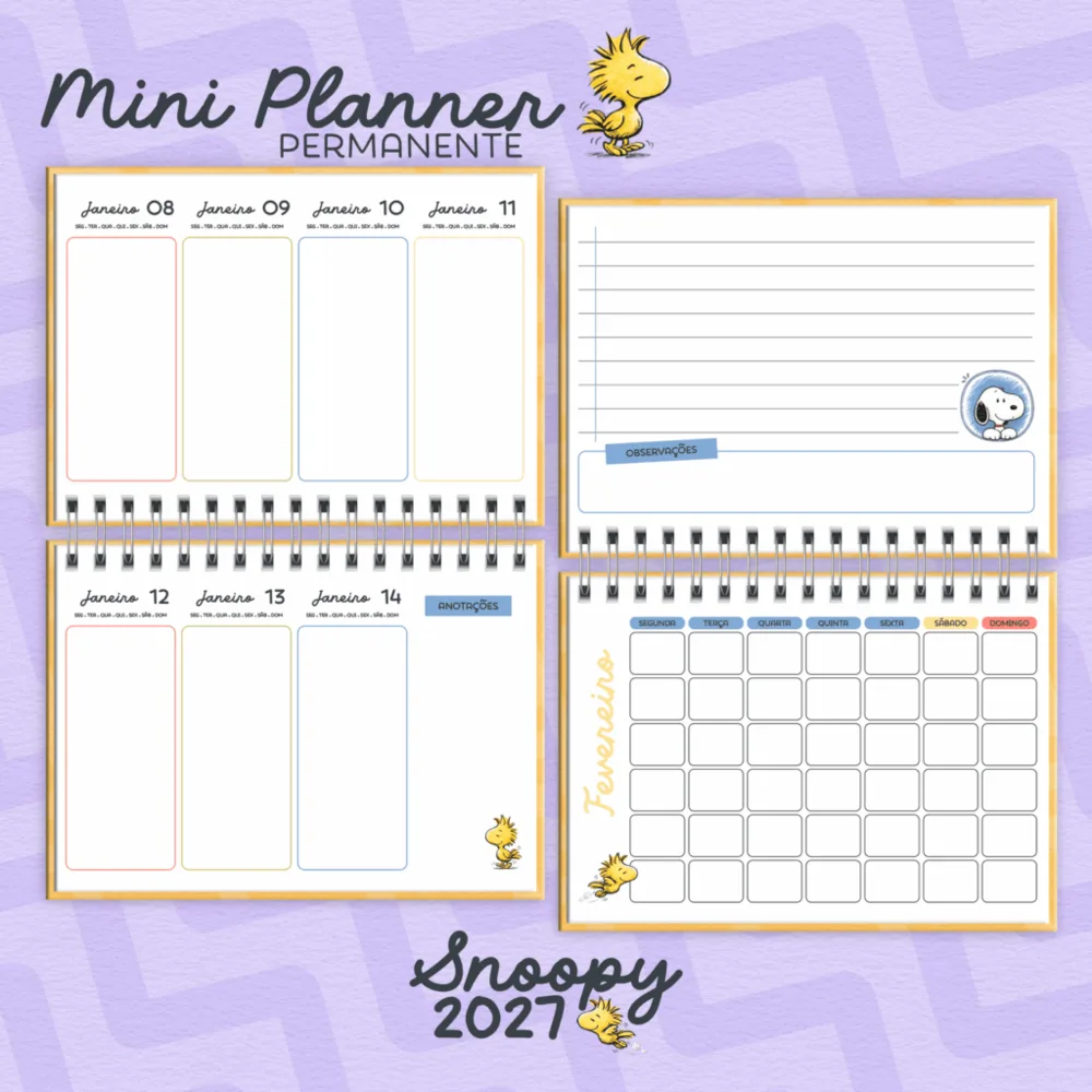 Mini planner permanente Snoopy 2027 — semanal e anotações