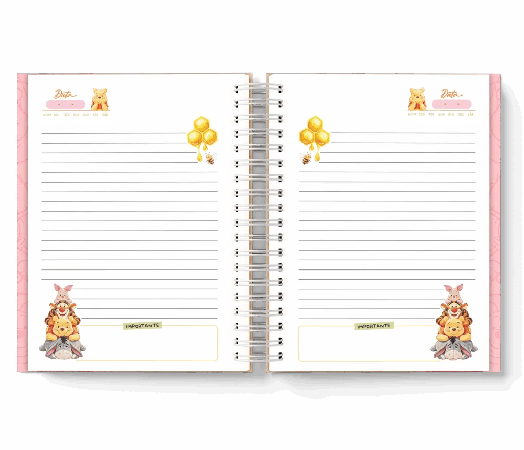 Caderno personalizado Ursinho Pooh — folhas pautadas com favo de mel