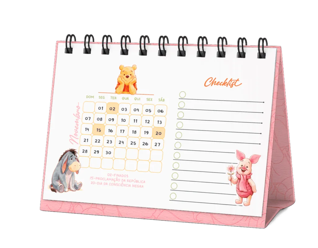 Calendário de mesa Ursinho Pooh rosé com checklist