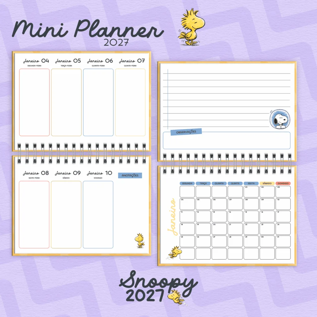 Mini planner Snoopy 2027 — semanal, observações e calendário mensal