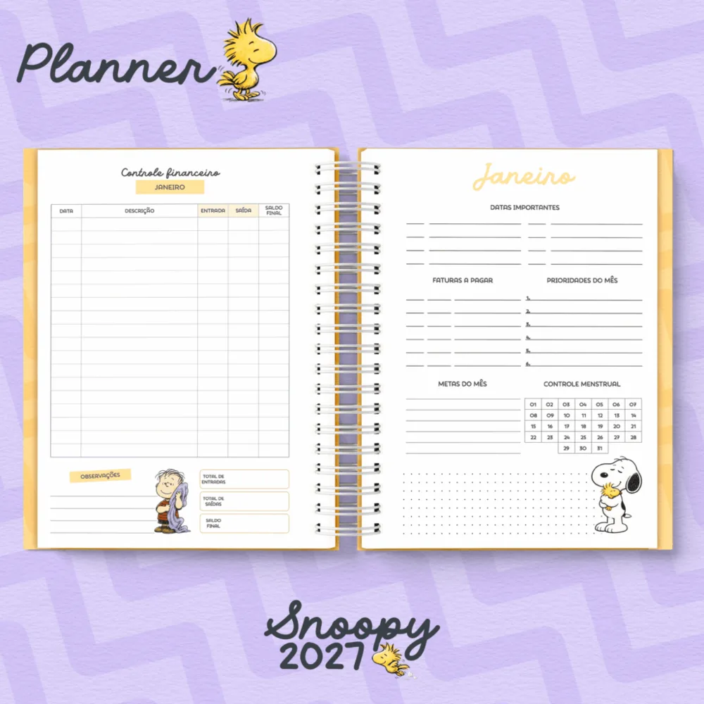 Planner Snoopy 2027 — controle financeiro e metas do mês