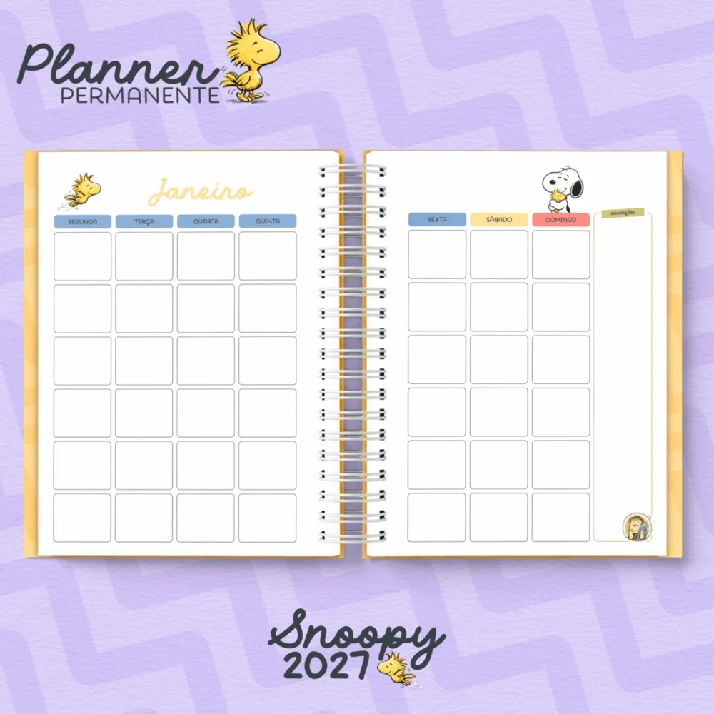 Planner permanente Snoopy 2027 — visão mensal