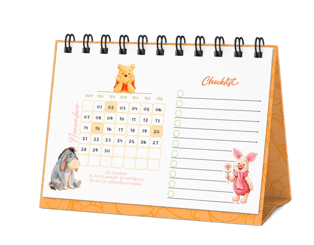 Calendário de mesa Ursinho Pooh laranja com checklist