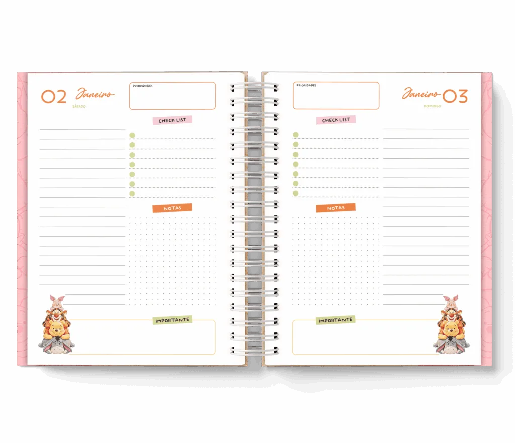 Caderno personalizado Ursinho Pooh — prioridades, check list e notas