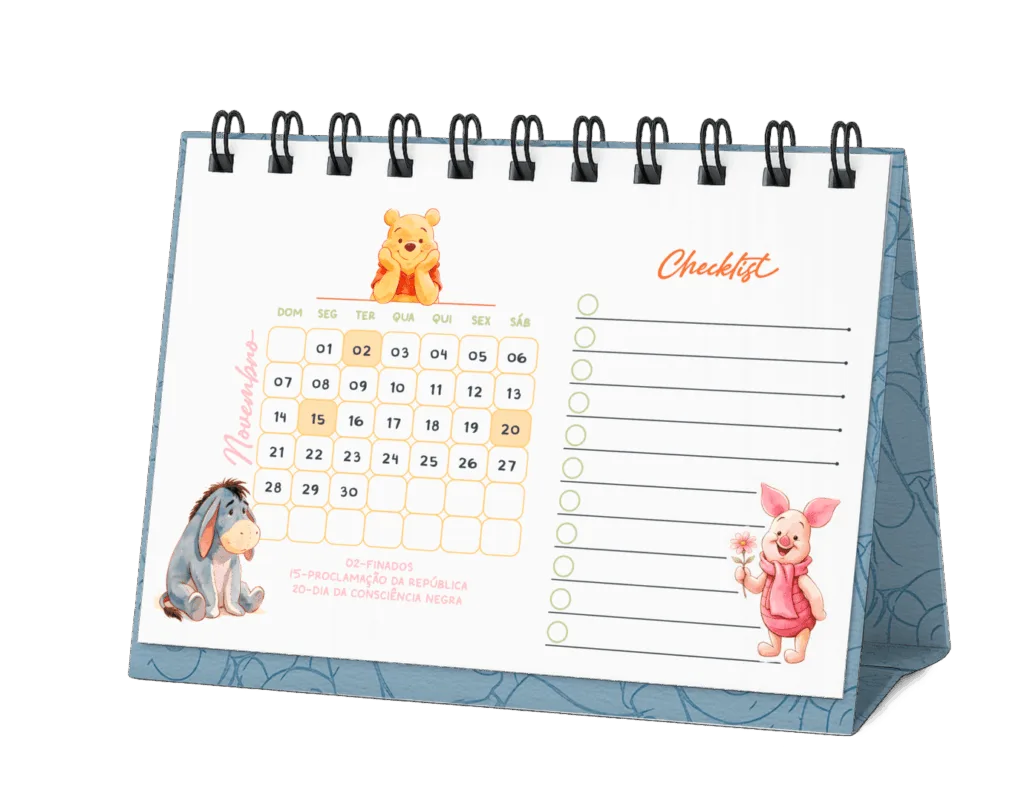 Calendário de mesa Ursinho Pooh azul com checklist