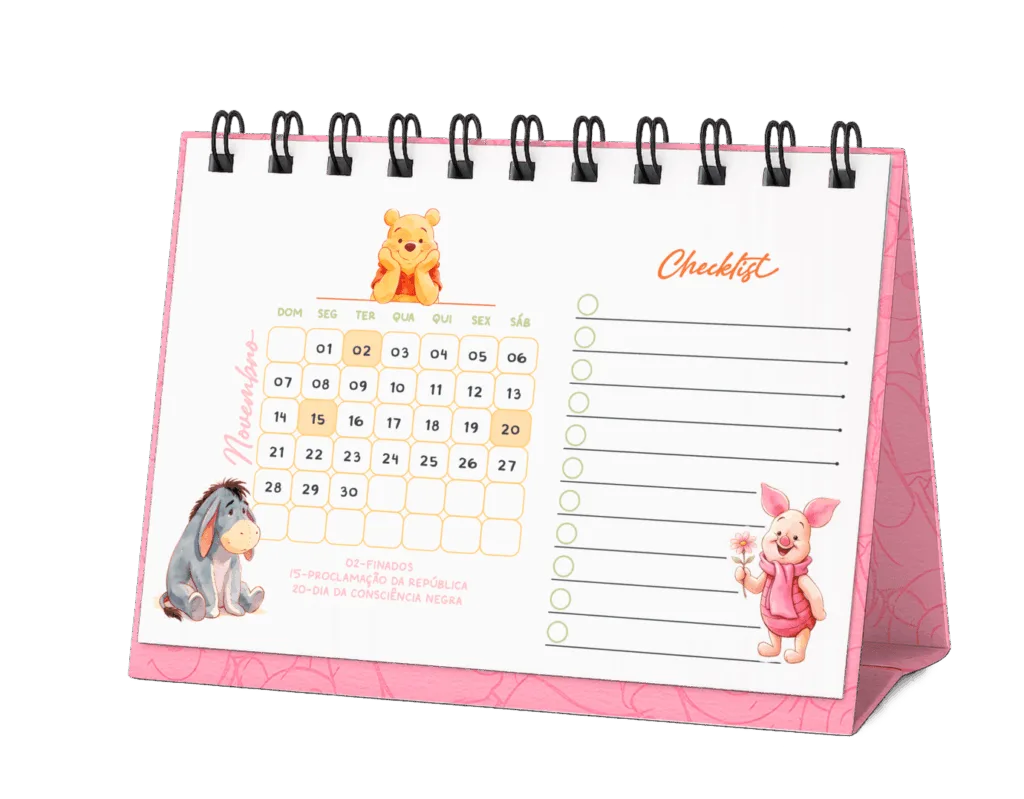 Calendário de mesa Ursinho Pooh rosa com checklist