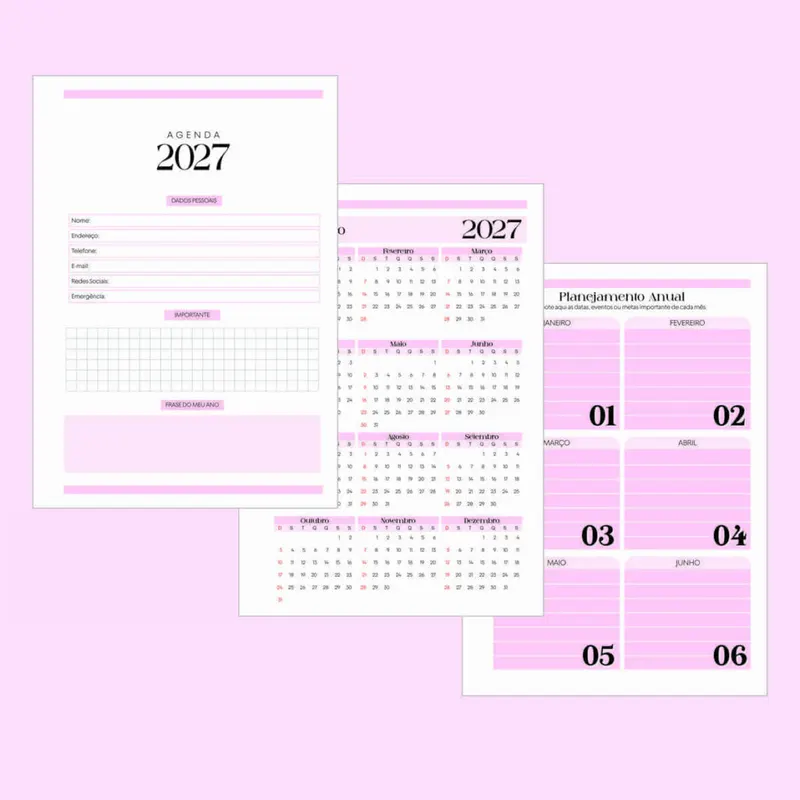 Agenda 2027 rosa com planejamento anual