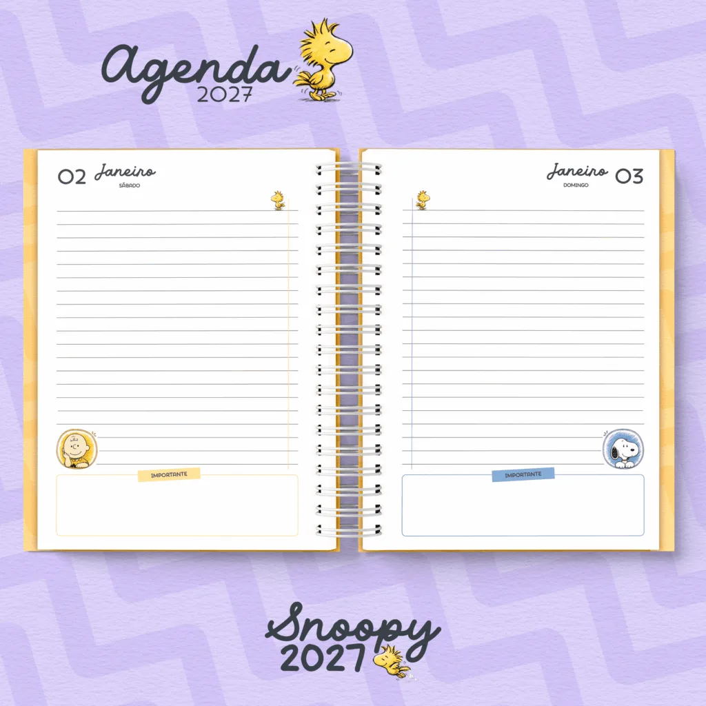 Agenda Snoopy 2027 — miolo diário com espaço para anotações