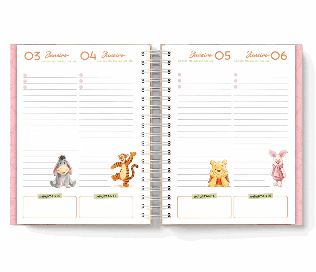 Caderno personalizado Ursinho Pooh — páginas de 03 a 06 de janeiro com checklists